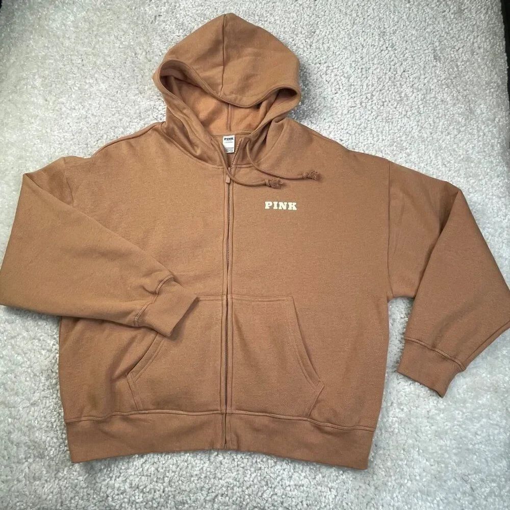 Victoria's Secret Pink Campus Fleece Full Zip Hoodie Toffee Brown Large NEW